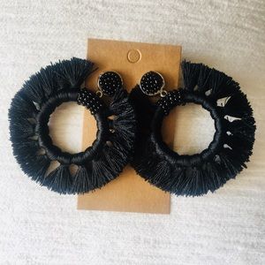 Black beaded tassel drop earrings